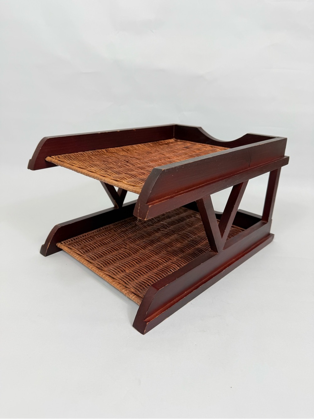 Two-Tier Woven Rattan Desk Letter Tray - Dark Wood VTG Desk File Organizer